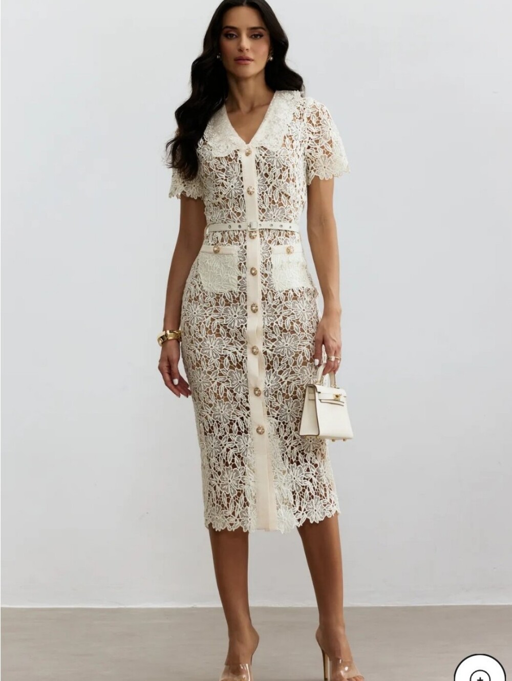 Sunfere Annette V Neck Embroided Lace Elegant White Button-Front Midi Dress NWT